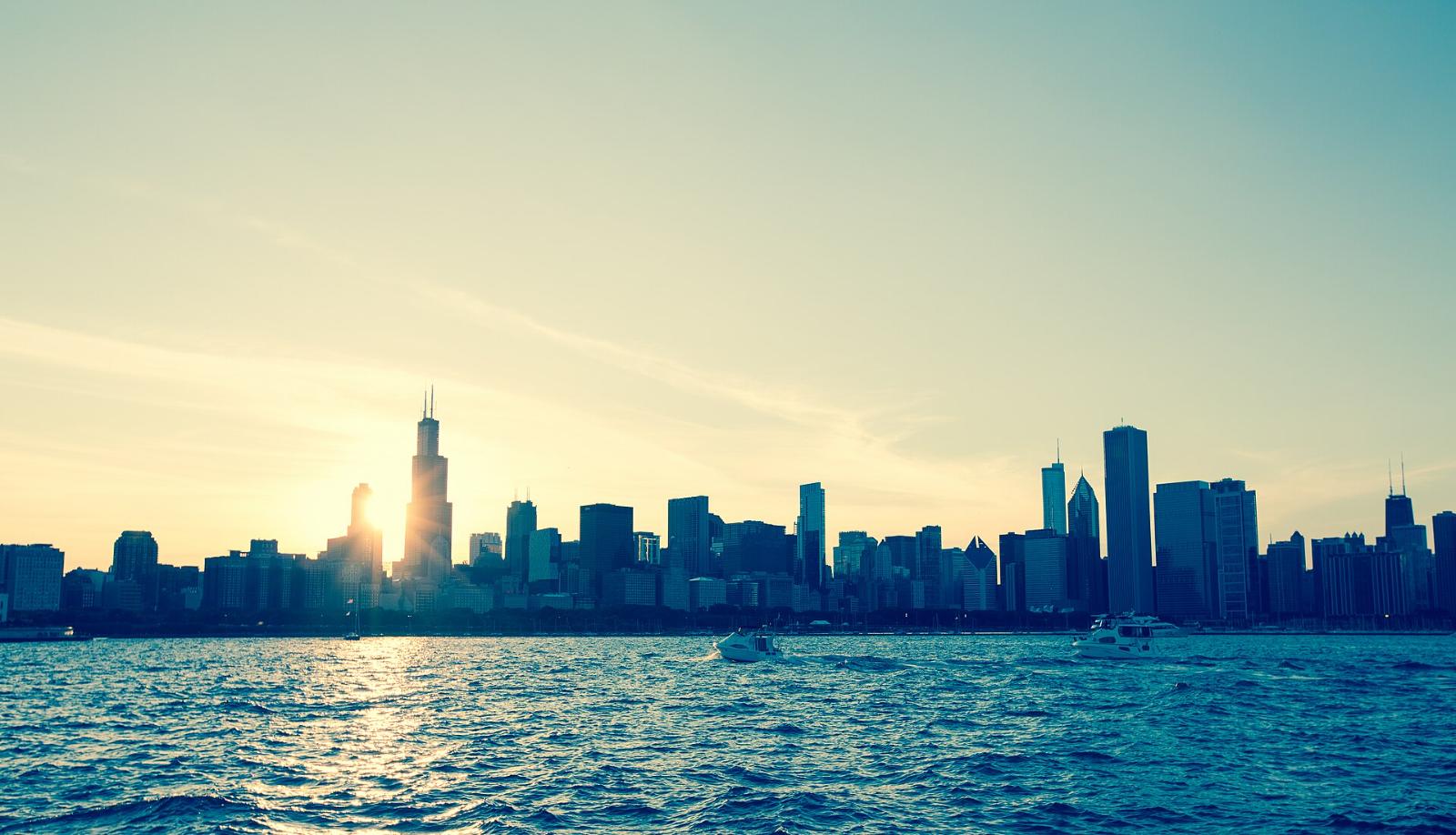 The Chicago skyline from Lake Michigan at sunset
